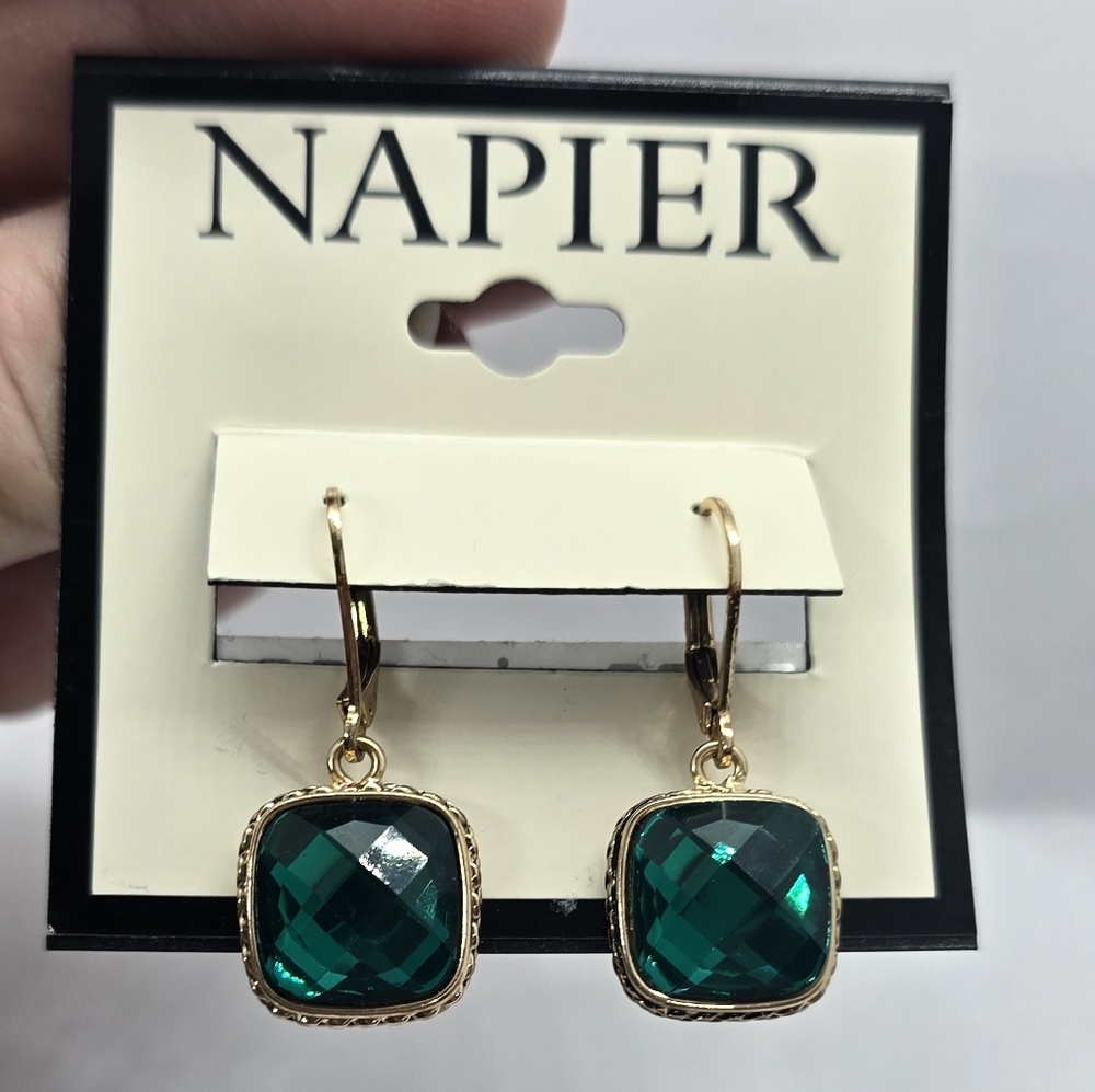 NWT Napier Gold & Christmas Green Square Earrings Jewelry